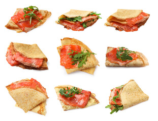 Delicious crepes with salmon isolated on white, set
