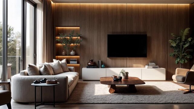 A modern living room is bathed in warm lighting, showcasing a minimalist design with a focus on natural wood textures and neutral tones, featuring a comfortable sofa and a sleek entertainment unit