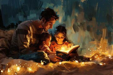 Fototapeta premium Bedtime Storytelling: Family Bonding and Mental Growth in Warm Lighting