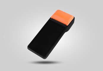 Payment terminal in air on grey background