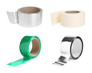 Rolls of different adhesive tapes isolated on white, set
