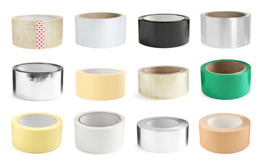 Rolls of different adhesive tapes isolated on white, set