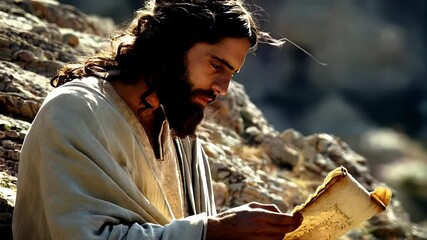 Spiritual leader studying sacred scripture while sitting on mountain, bathed in warm sunlight, embodying contemplative wisdom and deep religious devotion Religious concept of Easter