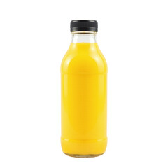 A studio shot of a glass bottle filled with yellow juice, isolated on a cut out background.