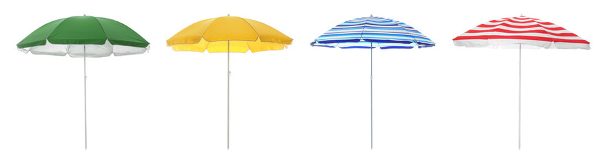 Different bright beach umbrellas isolated on white, set