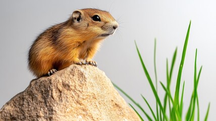 Naklejka premium Curious chipmunk perched on rock beside green grass