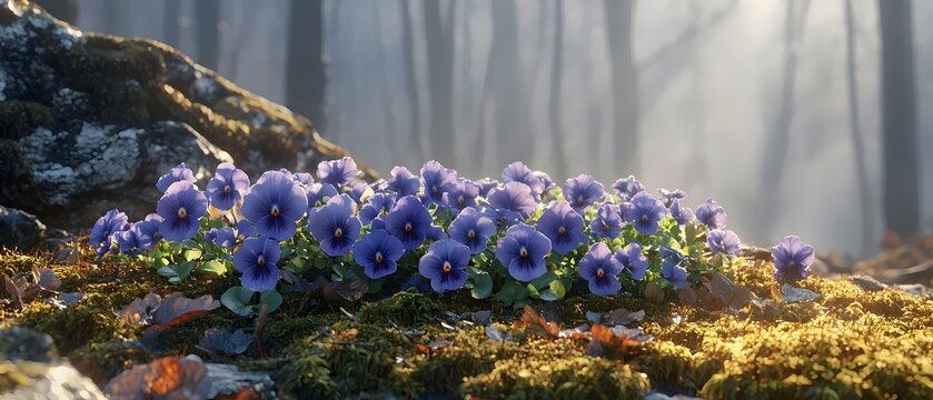 A vibrant cluster of purple pansies blooms amidst lush green moss in a serene forest setting, with soft morning light filtering through the misty trees.