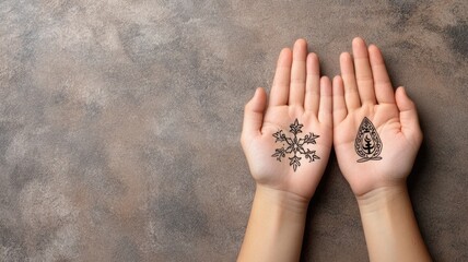 Female hands with henna designs, snowflake, leaf motif