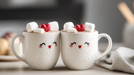 Two cute mugs with hot cocoa, marshmallows, and hearts