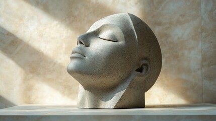 A contemporary sculpture head with geometric shapes, positioned on a minimalistic background with subtle gradients, creating a modern artistic vibe