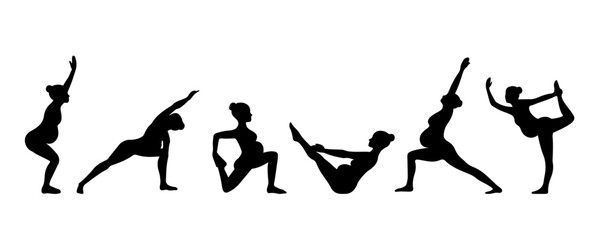 Yoga poses of a pregnant woman on a white background