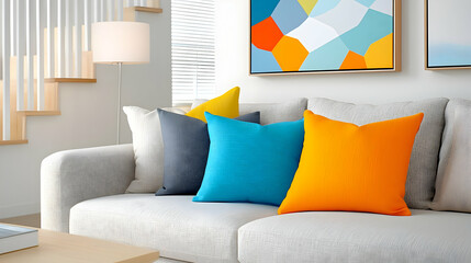 Colorful cushions on sofa in modern living room