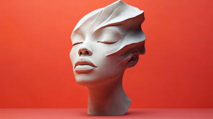 A stylized head of a sculpture with bold, abstract features, presented against a simple, solid-colored background, creating a striking visual contrast