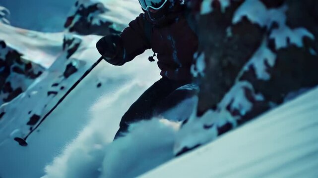 Professional skier skiing downhill on snowy mountain