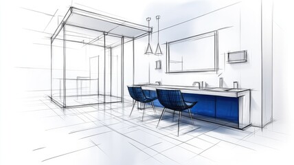 Modern bathroom design sketch with blue cabinet and chairs