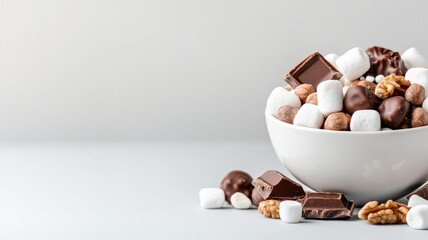 Bowl of mixed candies, nuts, and marshmallows on white background