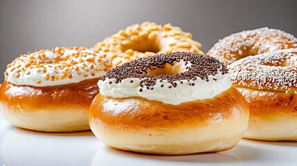 Four delicious bagels, each topped with a unique sweet cream cheese and sprinkles.