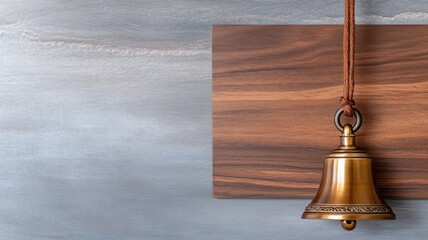 Obraz premium Small brass bell mounted on wooden base, tied with rope