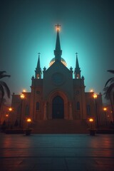 Obraz premium Charming White Church Surrounded by Palm Trees