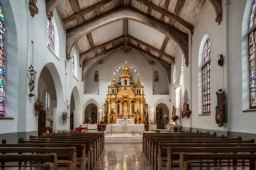 Obraz premium Charming White Church Surrounded by Palm Trees