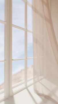 Minimalist window scene with subtle sheer curtain and sunlight looping background. Seamless peaceful travel and vacation concept