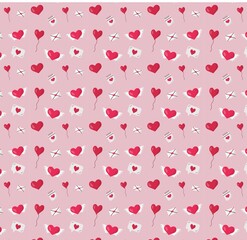 Cartoon red love hearts seamless pattern illustration. Letters, balloons, flying hearts. Cute romantic pink hearts background print.