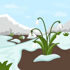 Cartoon simple early spring landscape with snowdrops.Vector banner.