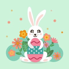 Happy Easter rabbit. Bunny with egg for kids. Rabbit spring festive animal. Cartoon holiday decent vector character.