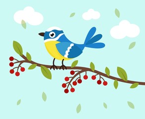 Vector illustration of tit on a branch on a blue background with clouds and leaves. Template for a postcard, poster, web design.