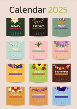 Cartoon 2025 calendar with flower and plant theme