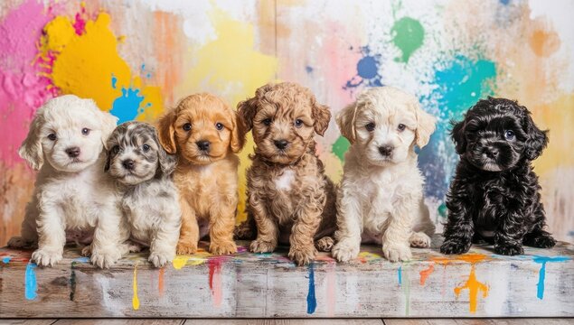 Adorable Cockapoo Puppies Posing Against a Colorful Background