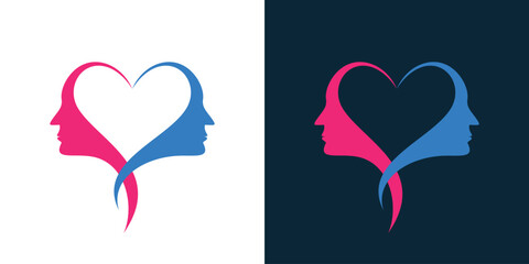 Human head logo design combined with negative space heart. couple, love.