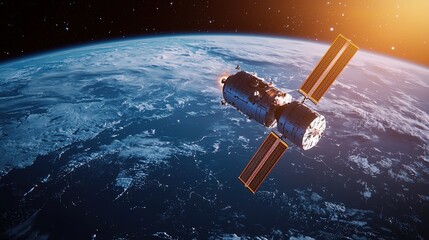 Satellite technology advancements space digital interface earth orbit aerial view innovation in blockchain management