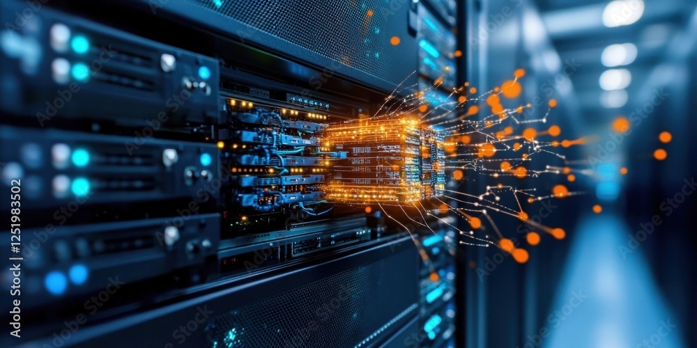 Poster dynamic data transfer in server room data center digital infrastructure high-tech environment close-