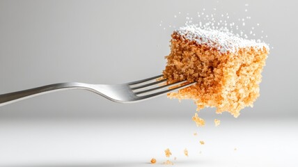 Close-up of fork holding square piece cake with powdered sugar