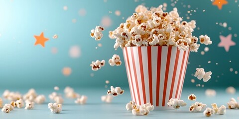 Action-packed retro popcorn bucket scattering popcorn home kitchen food photography vibrant atmosphere close-up view fun concept