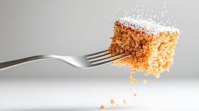 Close-up of fork holding square piece cake with powdered sugar