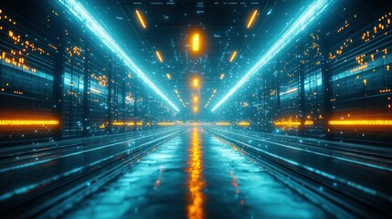 Futuristic corridor, glowing lights, data stream, server room, digital backdrop
