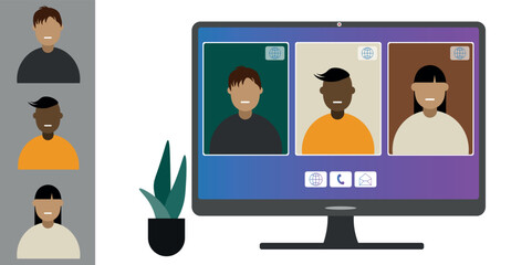 Video call conference, working from home. Colleagues of different nationalities and ages talk to each other on computer screen. Isolated illustration on white background in flat style trendy colors