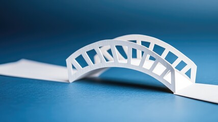 Paper bridge model on blue background symbolizing creativity and engineering