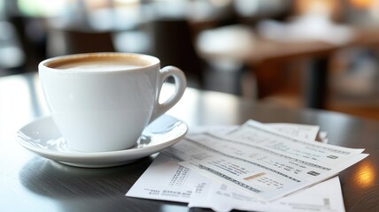 White cup of coffee on table with receipts, indoor cafe setting