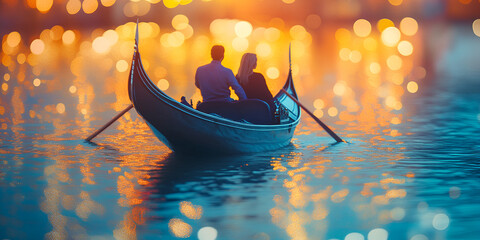 Obraz premium Lovers Taking a Gondola Ride in Venice with Reflections on Water