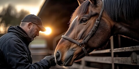 Man tending to horse at sunrise in stable warm gold light animal care serene environment close-up view
