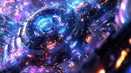 Futuristic sphere rotates, city lights, digital art, background, game design
