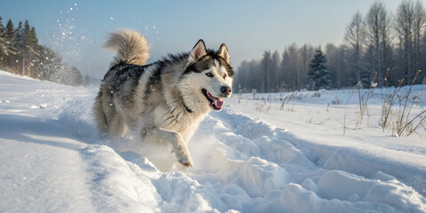 Naklejka premium A fluffy Siberian Husky running through deep snow, its fur dusted with frost