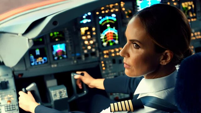 Confident female pilot skillfully navigating the controls of an airplane cockpit, illuminated by the soft glow of screens and panels at night, ensuring a safe and smooth flight