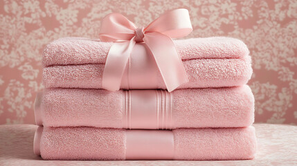 A stack of luxury bath towels tied with a ribbon on a pastel background