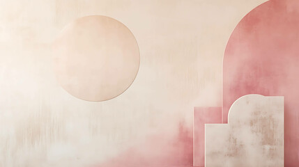 Modern wall art with geometric shapes on a pastel pink and beige gradient backdrop