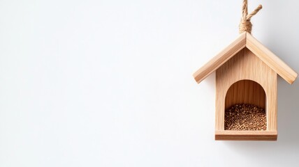 Wooden birdhouse with bird seeds, hanging on string against white background