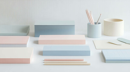 Simple desk setup with pastel-toned stationery and a clean white background
